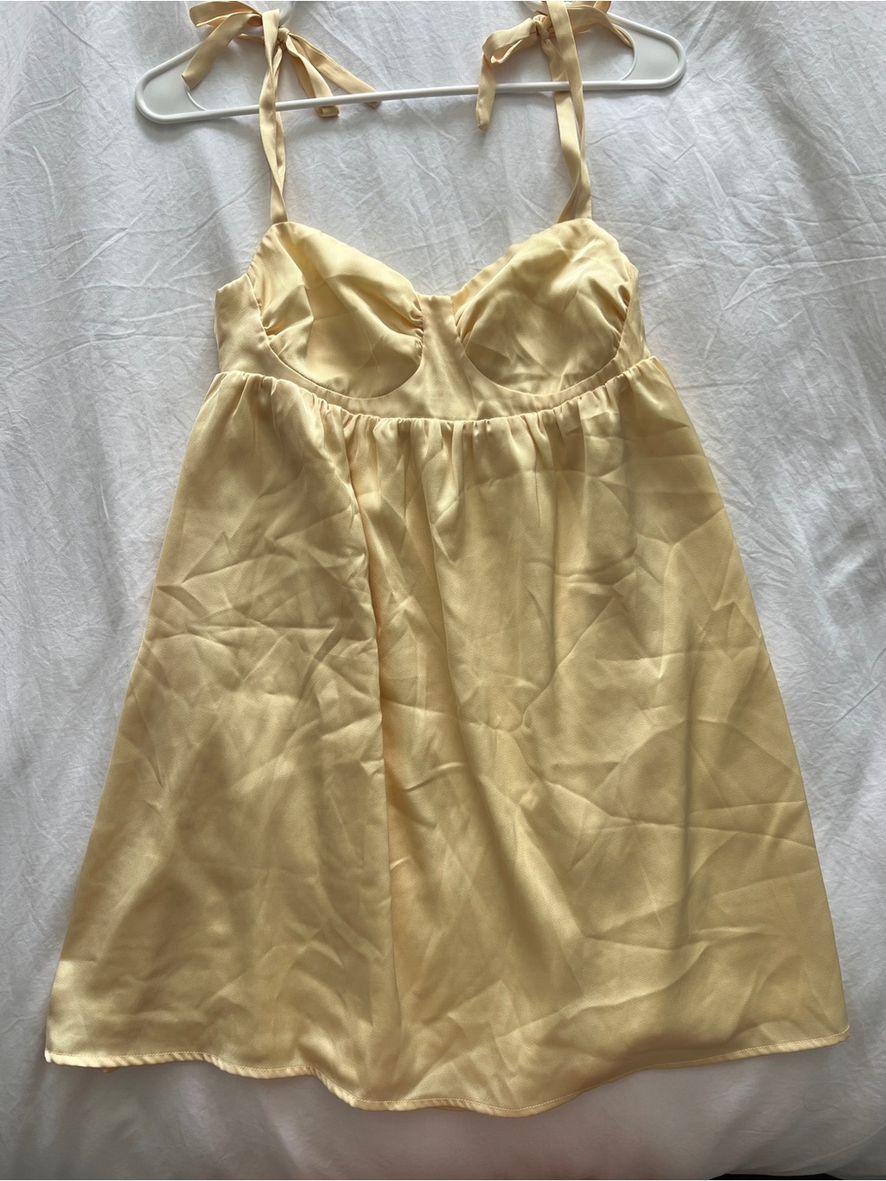 Beginning Boutique Yellow Satin Tie-Shoulder Mini Dress